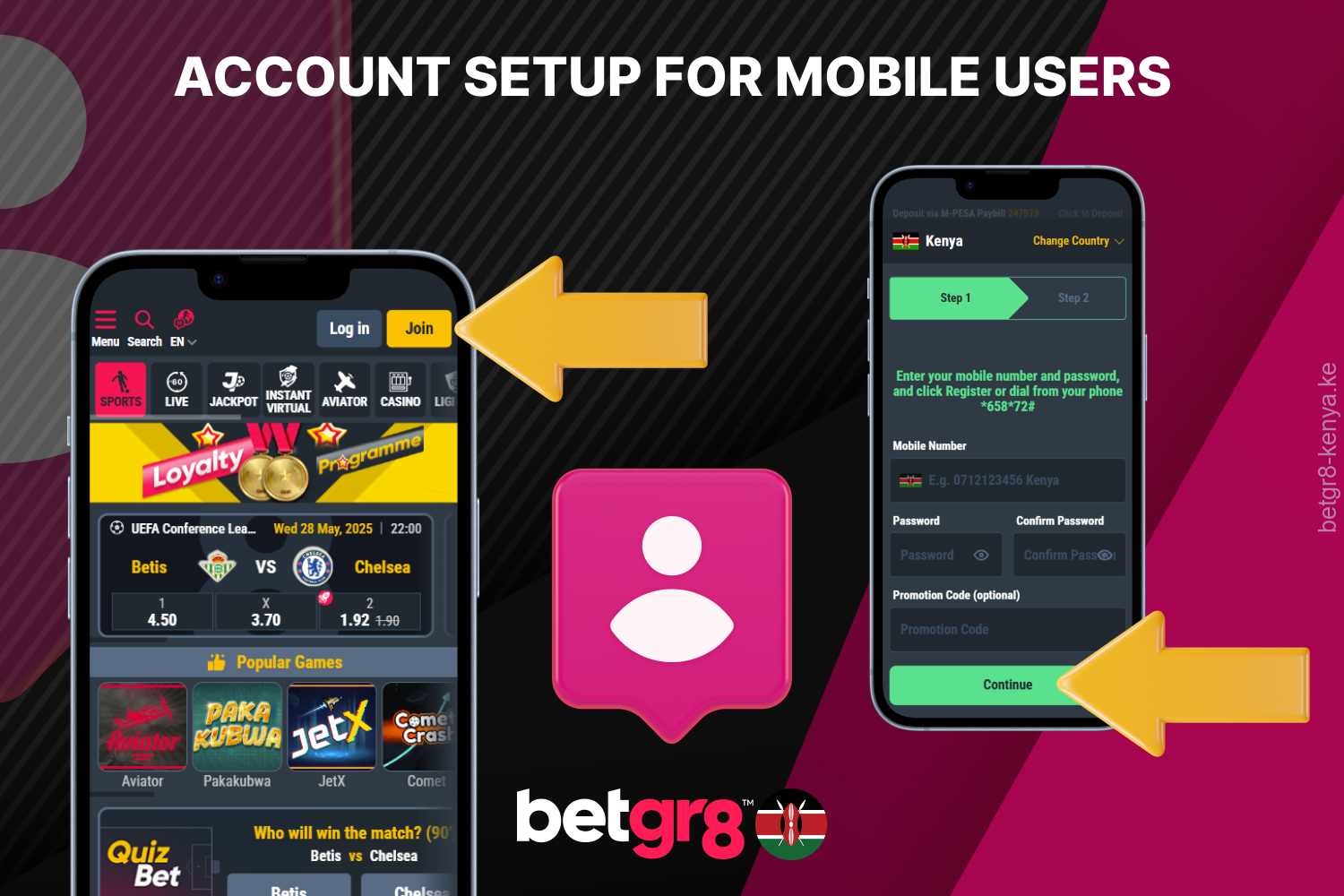 Mobile users from Kenya can quickly register or log in to the Betgr8 app to instantly start placing bets