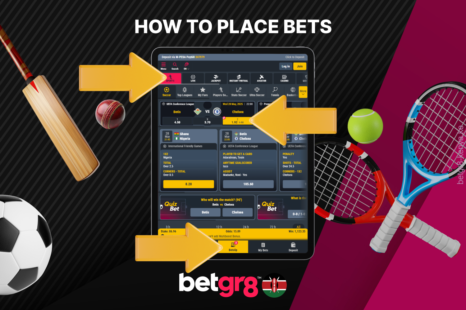 Betting at Betgr8 is easy: log in, top up your balance and choose a suitable sport to bet on